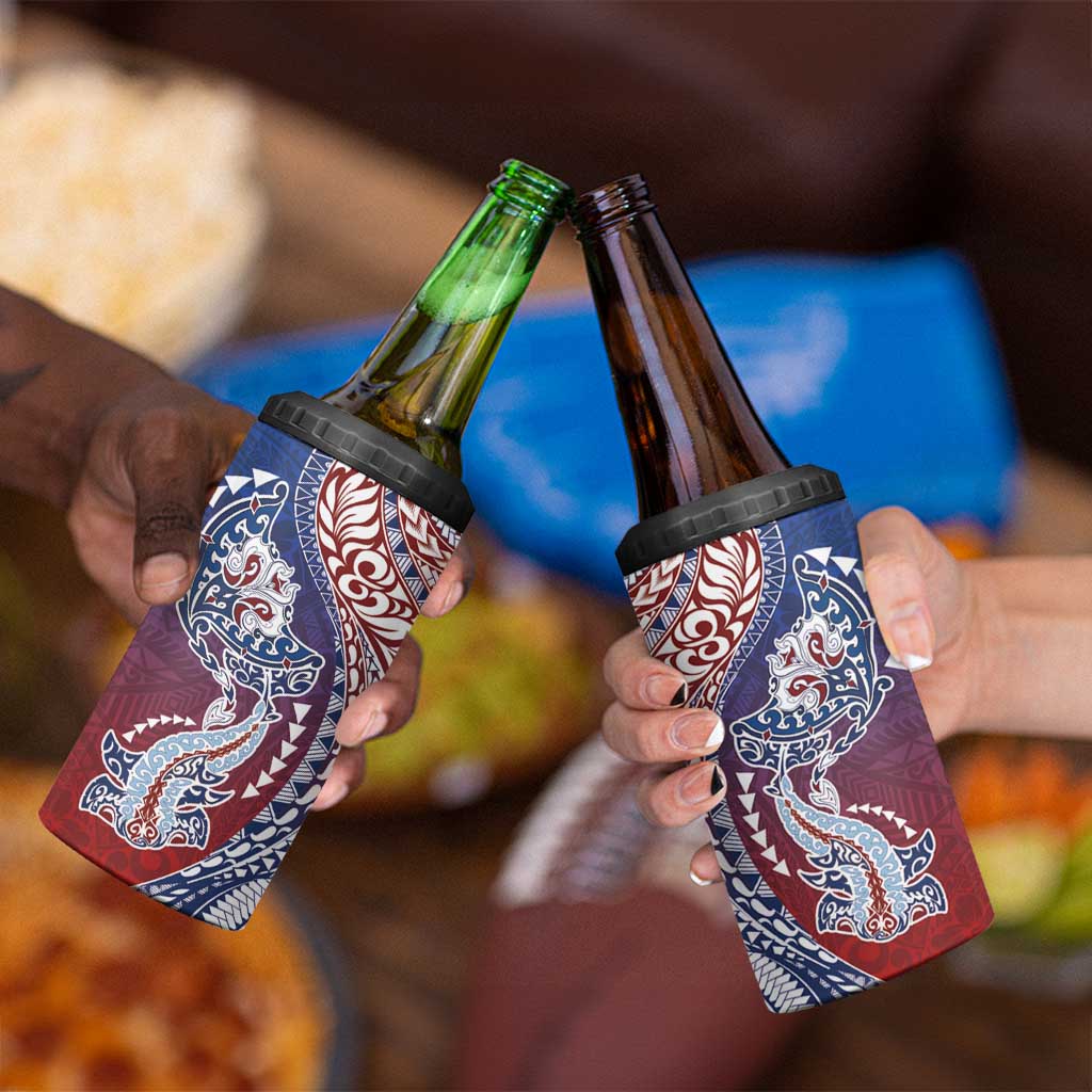 Hawaiian Manta Ray and Hammerhead Shark Tribal Tattoo 4 in 1 Can Cooler Tumbler with Polynesian Tribal Pattern Hawaii Flag Color