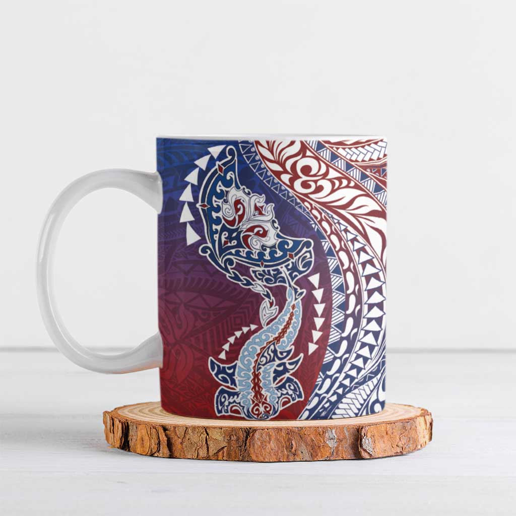 Hawaiian Manta Ray and Hammerhead Shark Tribal Tattoo Ceramic Mug with Polynesian Tribal Pattern Hawaii Flag Color LT03 Multicolor - Polynesian Pride