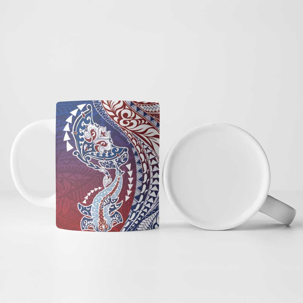 Hawaiian Manta Ray and Hammerhead Shark Tribal Tattoo Ceramic Mug with Polynesian Tribal Pattern Hawaii Flag Color