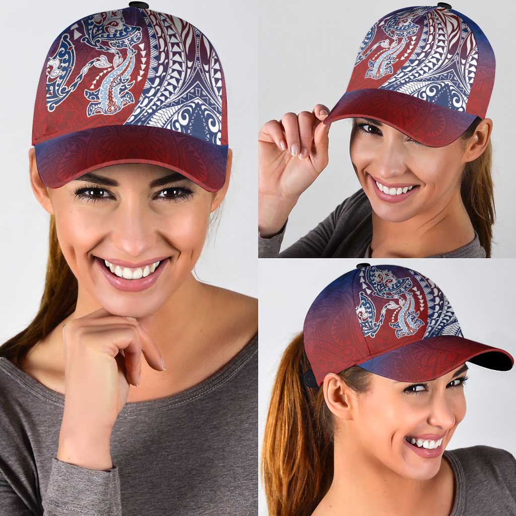 Hawaiian Manta Ray and Hammerhead Shark Tribal Tattoo Classic Cap with Polynesian Tribal Pattern Hawaii Flag Color
