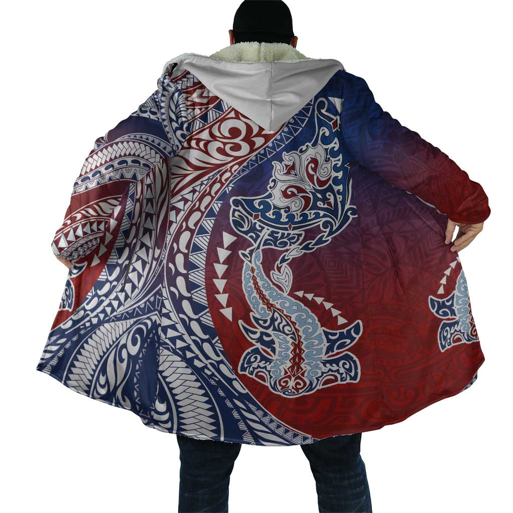 Hawaiian Manta Ray and Hammerhead Shark Tribal Tattoo Cloak with Polynesian Tribal Pattern Hawaii Flag Color