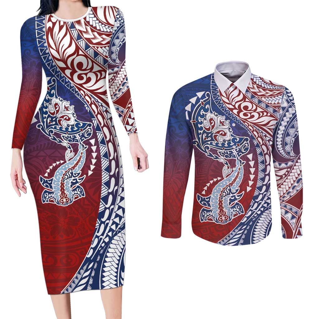Hawaiian Manta Ray and Hammerhead Shark Tribal Tattoo Couples Matching Long Sleeve Bodycon Dress and Long Sleeve Button Shirt with Polynesian Tribal Pattern Hawaii Flag Color LT03 Multicolor - Polynesian Pride