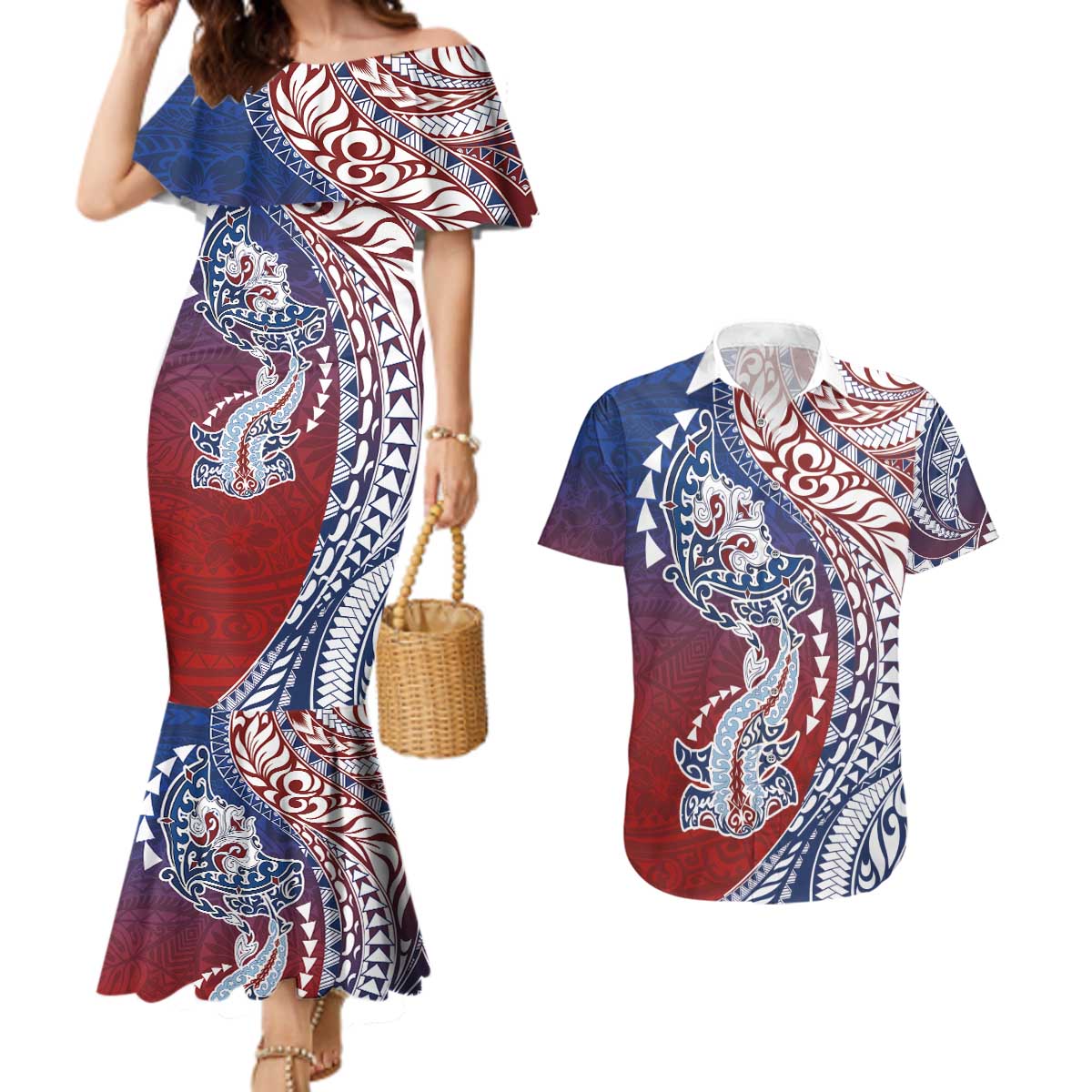 Hawaiian Manta Ray and Hammerhead Shark Tribal Tattoo Couples Matching Mermaid Dress and Hawaiian Shirt with Polynesian Tribal Pattern Hawaii Flag Color LT03 Multicolor - Polynesian Pride