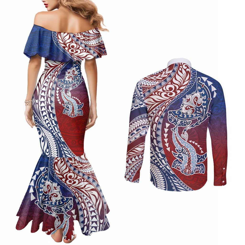 Hawaiian Manta Ray and Hammerhead Shark Tribal Tattoo Couples Matching Mermaid Dress and Long Sleeve Button Shirt with Polynesian Tribal Pattern Hawaii Flag Color