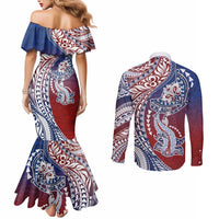 Hawaiian Manta Ray and Hammerhead Shark Tribal Tattoo Couples Matching Mermaid Dress and Long Sleeve Button Shirt with Polynesian Tribal Pattern Hawaii Flag Color