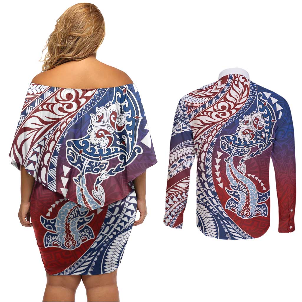 Hawaiian Manta Ray and Hammerhead Shark Tribal Tattoo Couples Matching Off Shoulder Short Dress and Long Sleeve Button Shirt with Polynesian Tribal Pattern Hawaii Flag Color