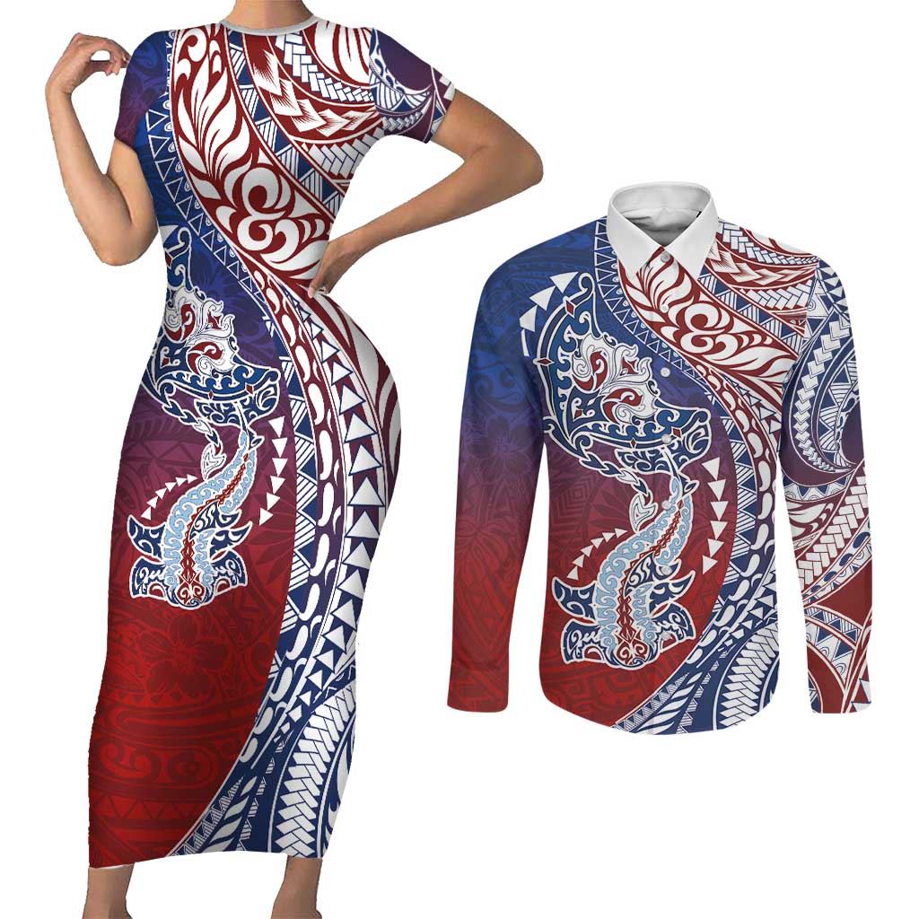 Hawaiian Manta Ray and Hammerhead Shark Tribal Tattoo Couples Matching Short Sleeve Bodycon Dress and Long Sleeve Button Shirt with Polynesian Tribal Pattern Hawaii Flag Color LT03 Multicolor - Polynesian Pride