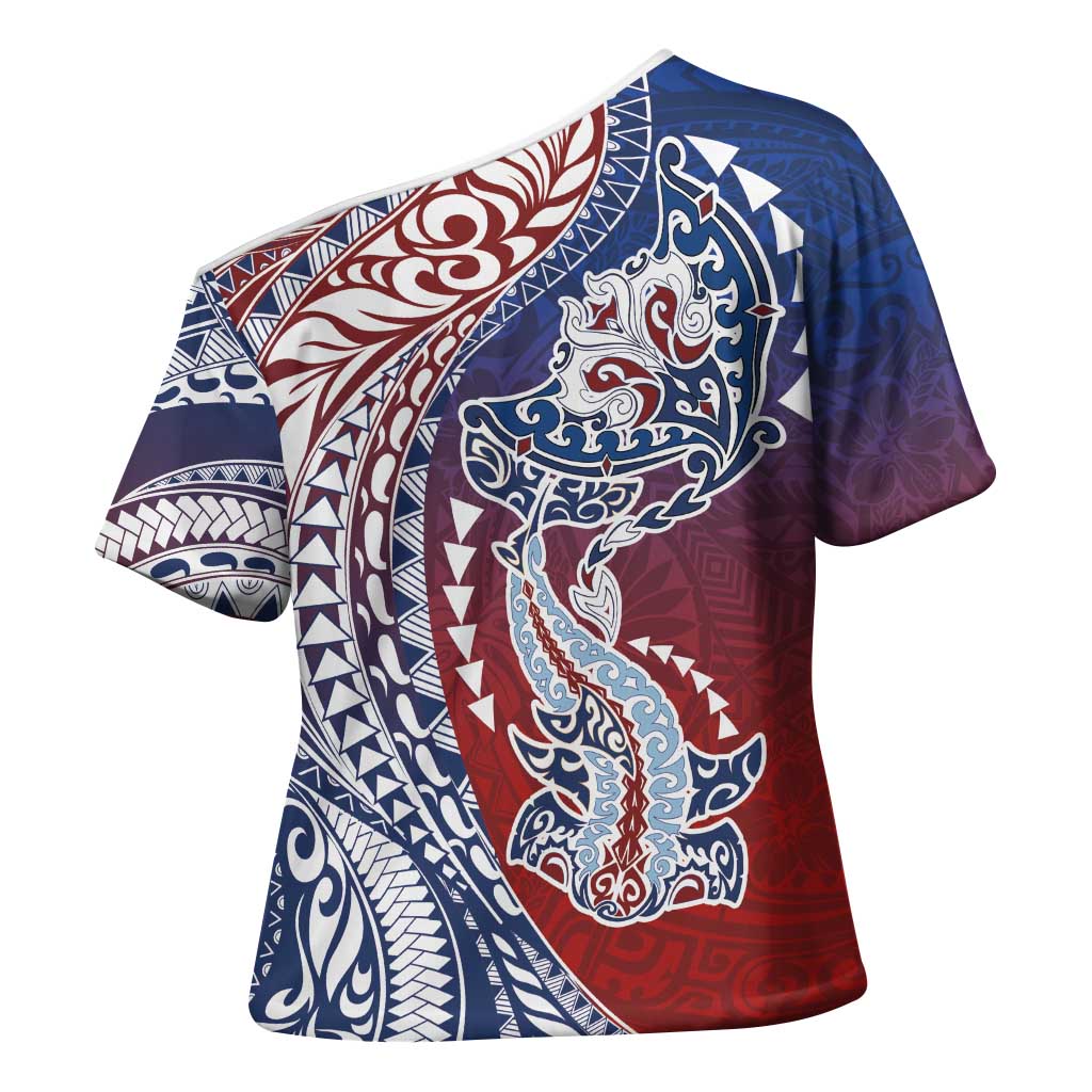 Hawaiian Manta Ray and Hammerhead Shark Tribal Tattoo Cross Shoulder Shirt with Polynesian Tribal Pattern Hawaii Flag Color LT03 - Polynesian Pride
