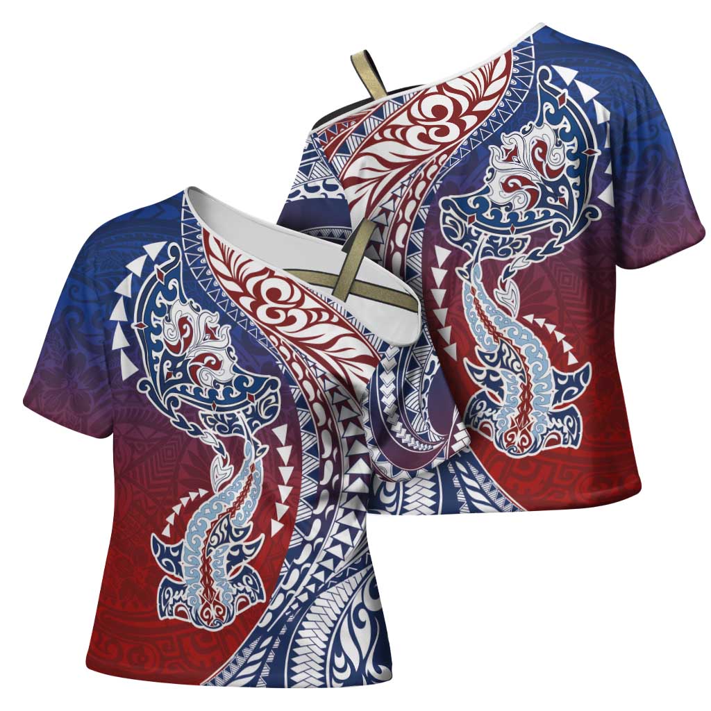 Hawaiian Manta Ray and Hammerhead Shark Tribal Tattoo Cross Shoulder Shirt with Polynesian Tribal Pattern Hawaii Flag Color LT03 - Polynesian Pride