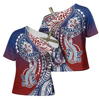 Hawaiian Manta Ray and Hammerhead Shark Tribal Tattoo Cross Shoulder Shirt with Polynesian Tribal Pattern Hawaii Flag Color LT03 - Polynesian Pride