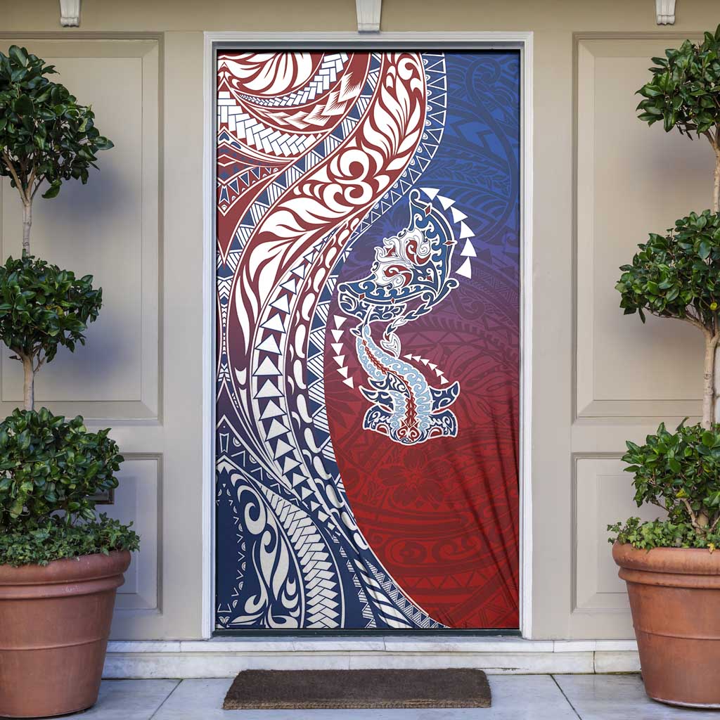 Hawaiian Manta Ray and Hammerhead Shark Tribal Tattoo Door Cover with Polynesian Tribal Pattern Hawaii Flag Color LT03 Multicolor - Polynesian Pride