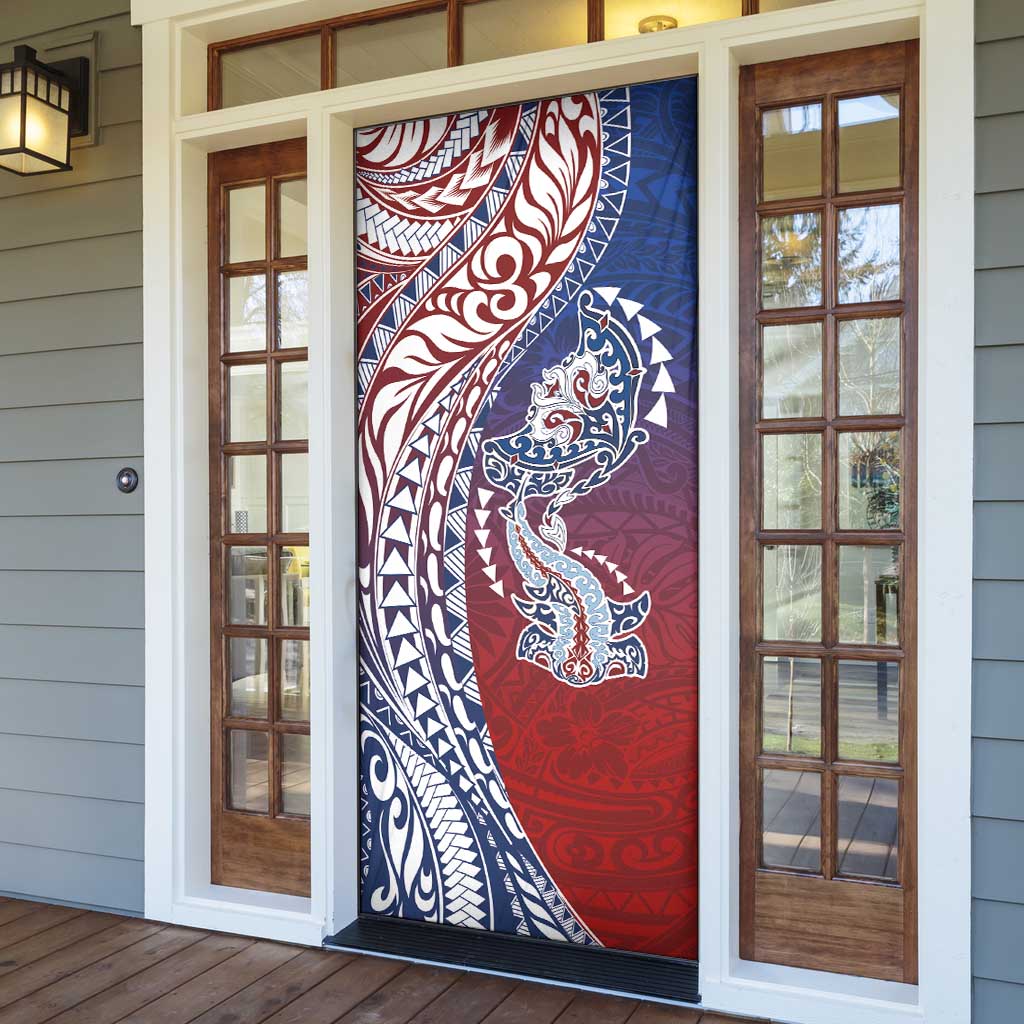 Hawaiian Manta Ray and Hammerhead Shark Tribal Tattoo Door Cover with Polynesian Tribal Pattern Hawaii Flag Color LT03 - Polynesian Pride