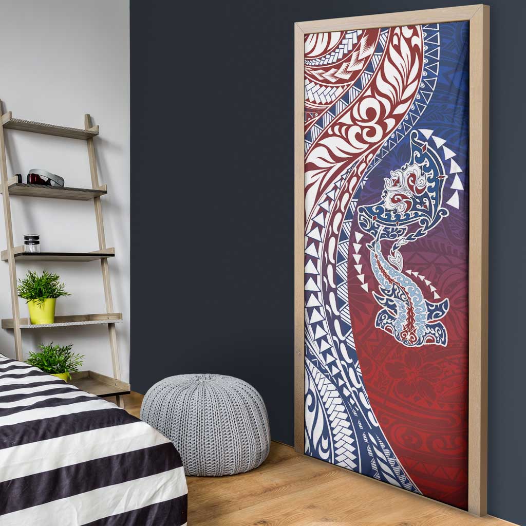Hawaiian Manta Ray and Hammerhead Shark Tribal Tattoo Door Cover with Polynesian Tribal Pattern Hawaii Flag Color LT03 - Polynesian Pride