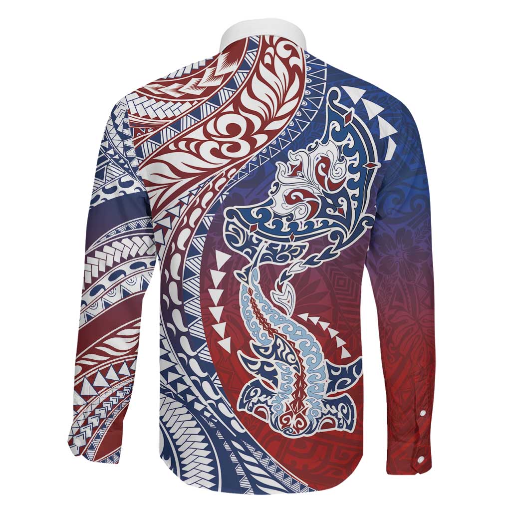 Hawaiian Manta Ray and Hammerhead Shark Tribal Tattoo Family Matching Long Sleeve Bodycon Dress and Hawaiian Shirt with Polynesian Tribal Pattern Hawaii Flag Color LT03 - Polynesian Pride