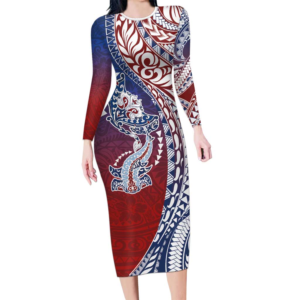 Hawaiian Manta Ray and Hammerhead Shark Tribal Tattoo Family Matching Long Sleeve Bodycon Dress and Hawaiian Shirt with Polynesian Tribal Pattern Hawaii Flag Color LT03 Mom's Dress Multicolor - Polynesian Pride