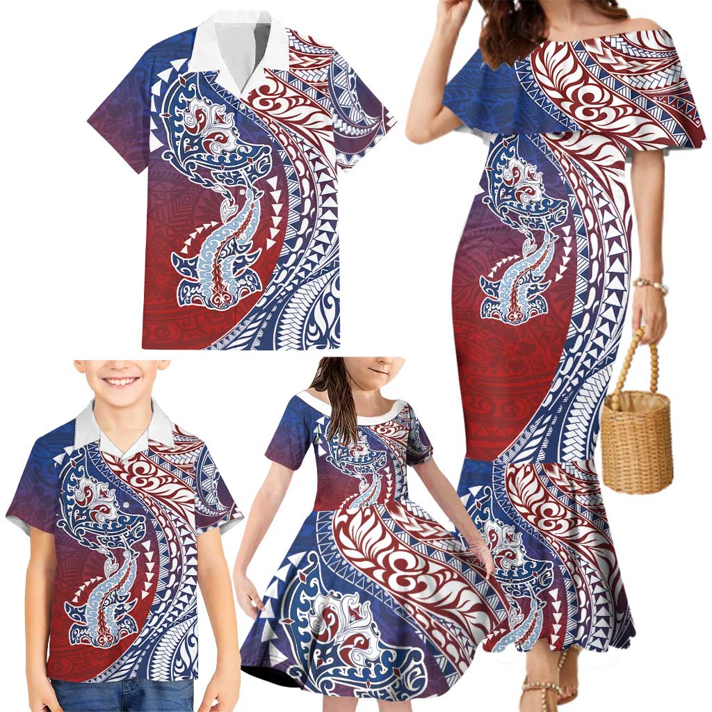 Hawaiian Manta Ray and Hammerhead Shark Tribal Tattoo Family Matching Mermaid Dress and Hawaiian Shirt with Polynesian Tribal Pattern Hawaii Flag Color