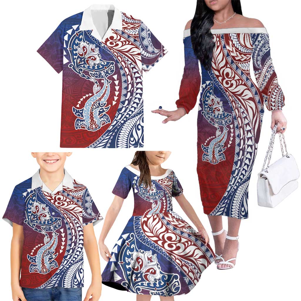 Hawaiian Manta Ray and Hammerhead Shark Tribal Tattoo Family Matching Off The Shoulder Long Sleeve Dress and Hawaiian Shirt with Polynesian Tribal Pattern Hawaii Flag Color
