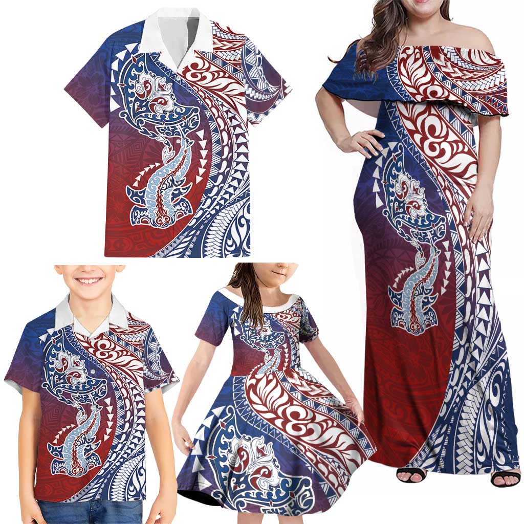 Hawaiian Manta Ray and Hammerhead Shark Tribal Tattoo Family Matching Off Shoulder Maxi Dress and Hawaiian Shirt with Polynesian Tribal Pattern Hawaii Flag Color LT03 - Polynesian Pride