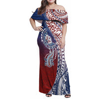Hawaiian Manta Ray and Hammerhead Shark Tribal Tattoo Family Matching Off Shoulder Maxi Dress and Hawaiian Shirt with Polynesian Tribal Pattern Hawaii Flag Color LT03 Mom's Dress Multicolor - Polynesian Pride