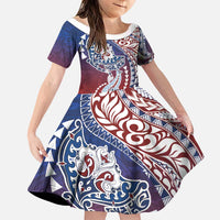 Hawaiian Manta Ray and Hammerhead Shark Tribal Tattoo Family Matching Off Shoulder Short Dress and Hawaiian Shirt with Polynesian Tribal Pattern Hawaii Flag Color LT03 Daughter's Dress Multicolor - Polynesian Pride