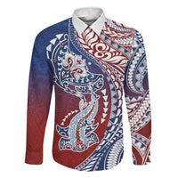 Hawaiian Manta Ray and Hammerhead Shark Tribal Tattoo Family Matching Off Shoulder Short Dress and Hawaiian Shirt with Polynesian Tribal Pattern Hawaii Flag Color LT03 Dad's Shirt - Long Sleeve Multicolor - Polynesian Pride