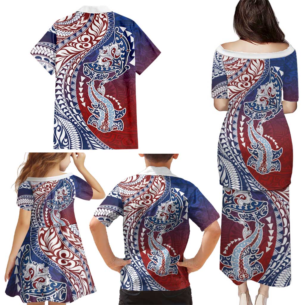 Hawaiian Manta Ray and Hammerhead Shark Tribal Tattoo Family Matching Puletasi and Hawaiian Shirt with Polynesian Tribal Pattern Hawaii Flag Color LT03 - Polynesian Pride