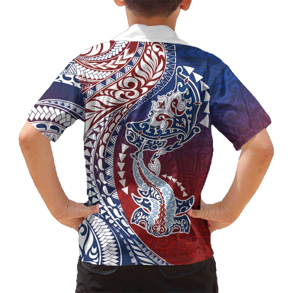 Hawaiian Manta Ray and Hammerhead Shark Tribal Tattoo Family Matching Short Sleeve Bodycon Dress and Hawaiian Shirt with Polynesian Tribal Pattern Hawaii Flag Color LT03 - Polynesian Pride