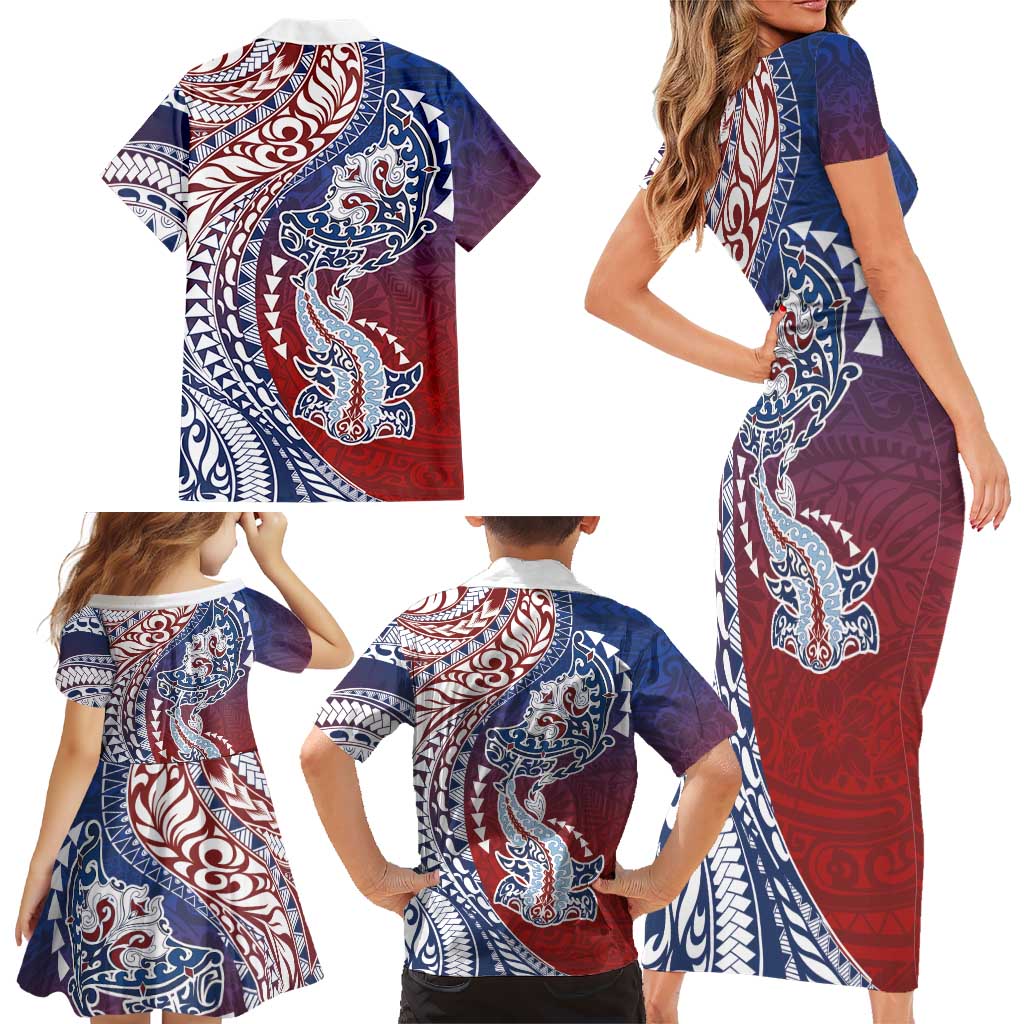 Hawaiian Manta Ray and Hammerhead Shark Tribal Tattoo Family Matching Short Sleeve Bodycon Dress and Hawaiian Shirt with Polynesian Tribal Pattern Hawaii Flag Color LT03 - Polynesian Pride