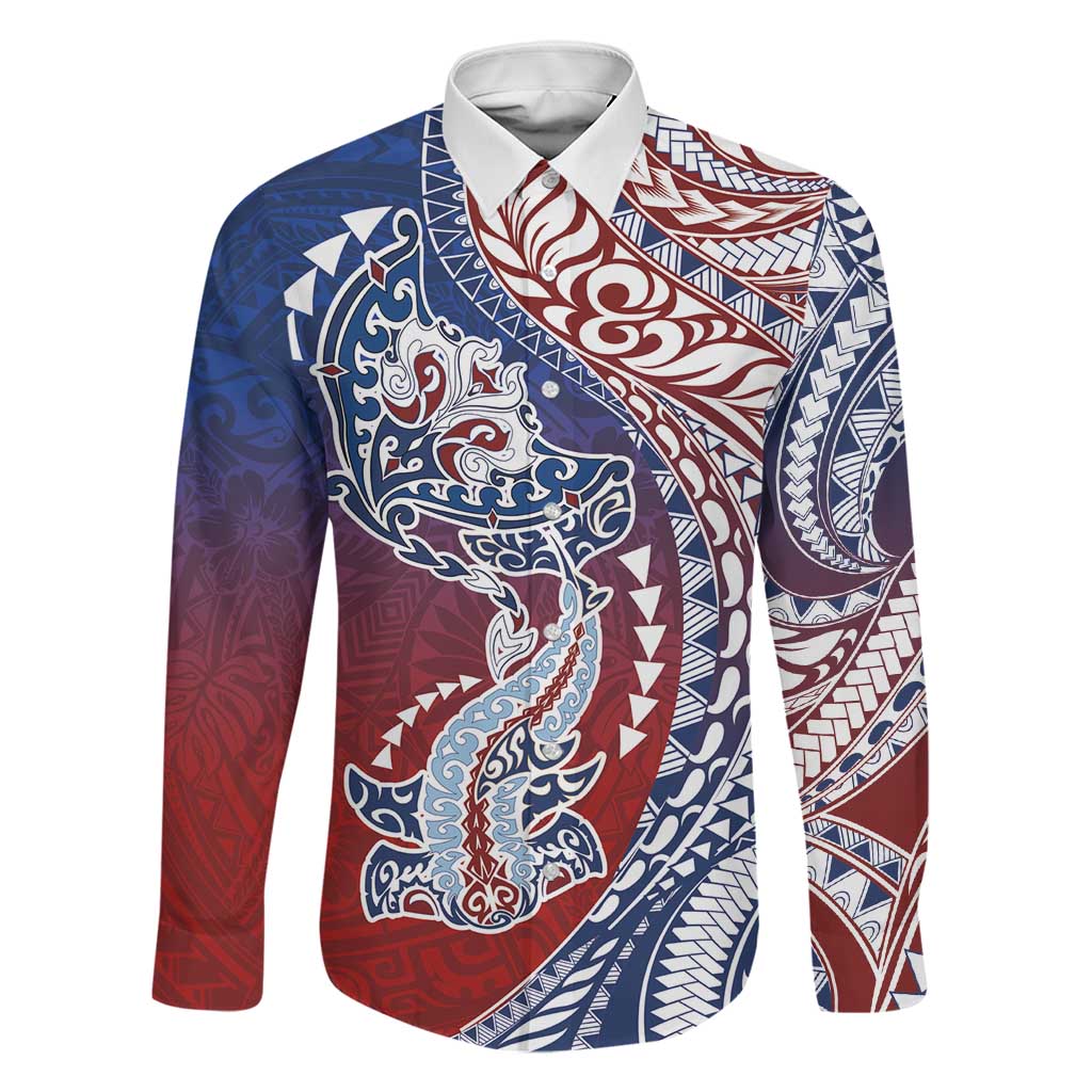 Hawaiian Manta Ray and Hammerhead Shark Tribal Tattoo Family Matching Short Sleeve Bodycon Dress and Hawaiian Shirt with Polynesian Tribal Pattern Hawaii Flag Color LT03 Dad's Shirt - Long Sleeve Multicolor - Polynesian Pride