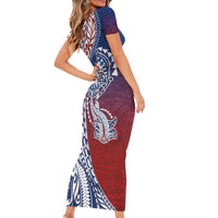 Hawaiian Manta Ray and Hammerhead Shark Tribal Tattoo Family Matching Short Sleeve Bodycon Dress and Hawaiian Shirt with Polynesian Tribal Pattern Hawaii Flag Color LT03 - Polynesian Pride