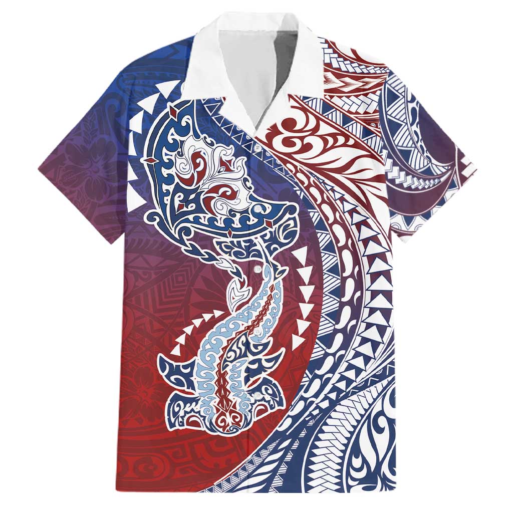 Hawaiian Manta Ray and Hammerhead Shark Tribal Tattoo Family Matching Tank Maxi Dress and Hawaiian Shirt with Polynesian Tribal Pattern Hawaii Flag Color LT03 Dad's Shirt - Short Sleeve Multicolor - Polynesian Pride