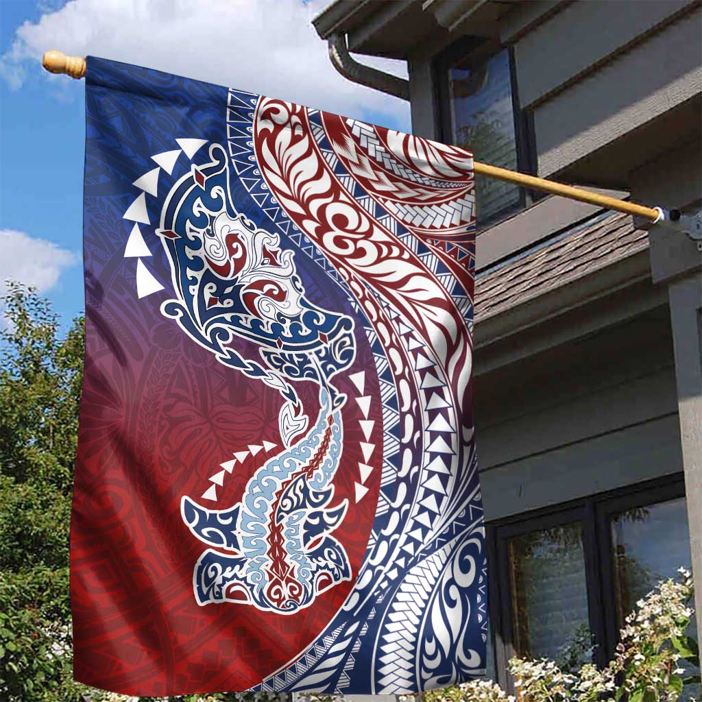 Hawaiian Manta Ray and Hammerhead Shark Tribal Tattoo Garden Flag with Polynesian Tribal Pattern Hawaii Flag Color LT03 - Polynesian Pride