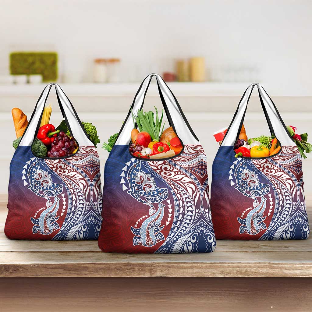 Hawaiian Manta Ray and Hammerhead Shark Tribal Tattoo Grocery Bag with Polynesian Tribal Pattern Hawaii Flag Color LT03 3-pack One Size Multicolor - Polynesian Pride