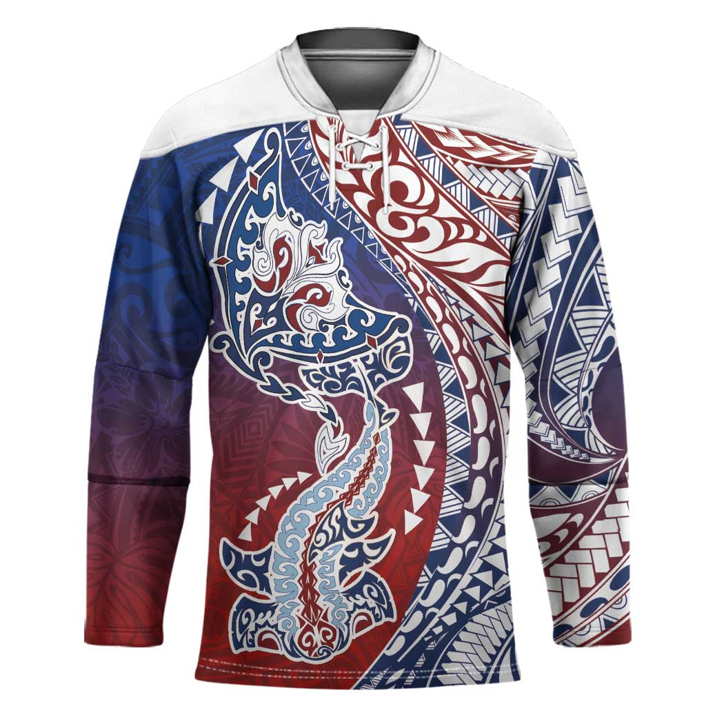 Hawaiian Manta Ray and Hammerhead Shark Tribal Tattoo Hockey Jersey with Polynesian Tribal Pattern Hawaii Flag Color LT03 Unisex Multicolor - Polynesian Pride