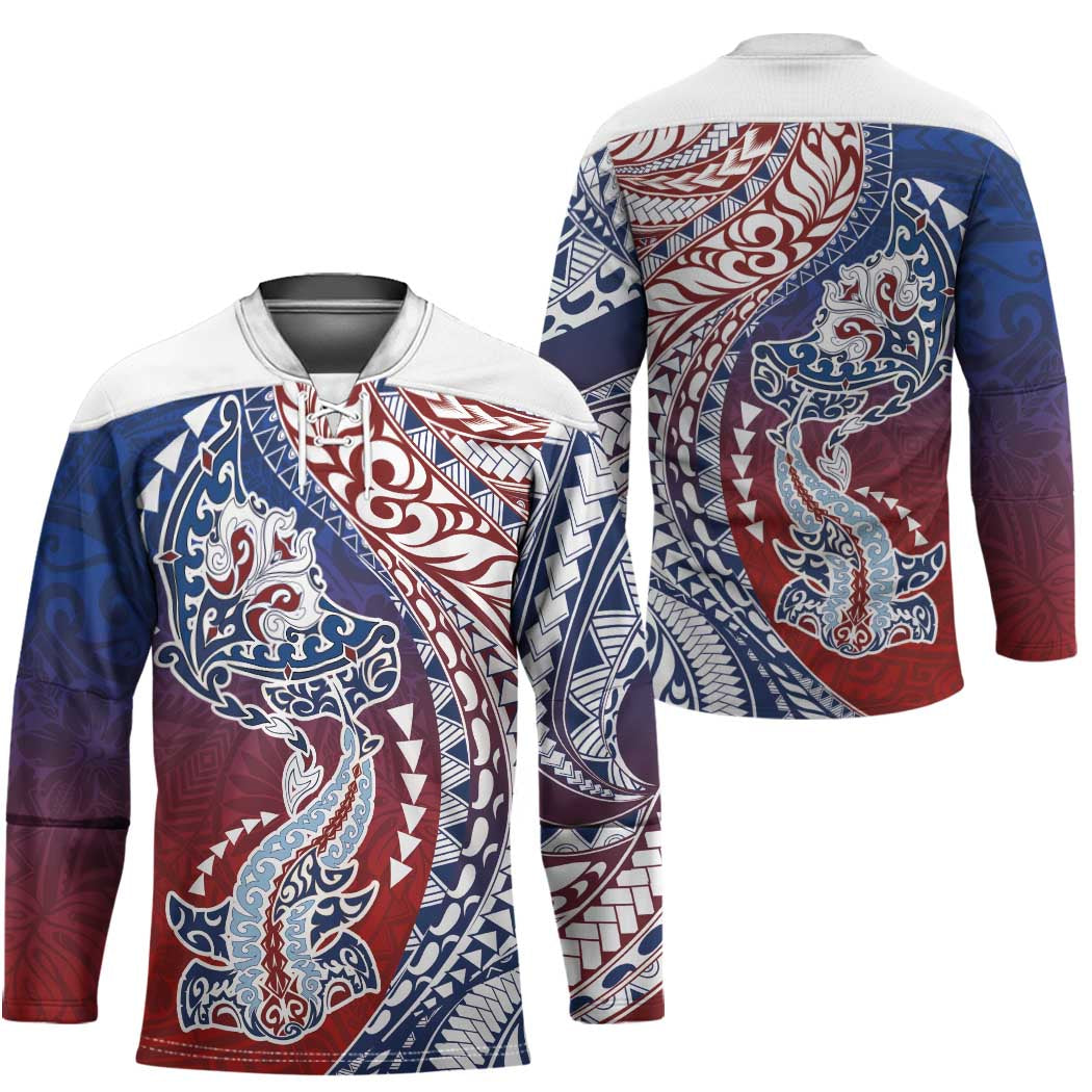 Hawaiian Manta Ray and Hammerhead Shark Tribal Tattoo Hockey Jersey with Polynesian Tribal Pattern Hawaii Flag Color LT03 - Polynesian Pride