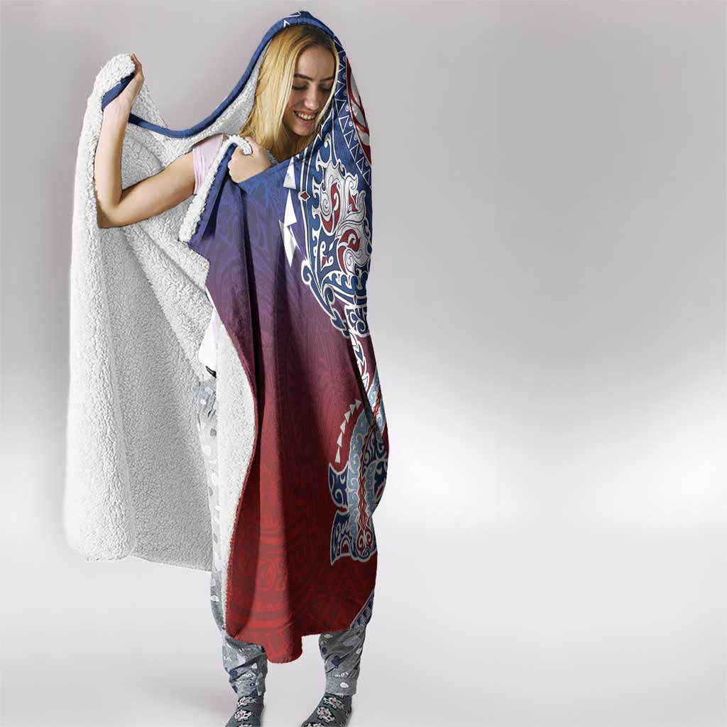 Hawaiian Manta Ray and Hammerhead Shark Tribal Tattoo Hooded Blanket with Polynesian Tribal Pattern Hawaii Flag Color LT03 - Polynesian Pride
