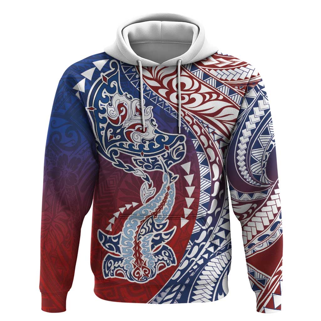 Hawaiian Manta Ray and Hammerhead Shark Tribal Tattoo Hoodie with Polynesian Tribal Pattern Hawaii Flag Color LT03 Pullover Hoodie Multicolor - Polynesian Pride