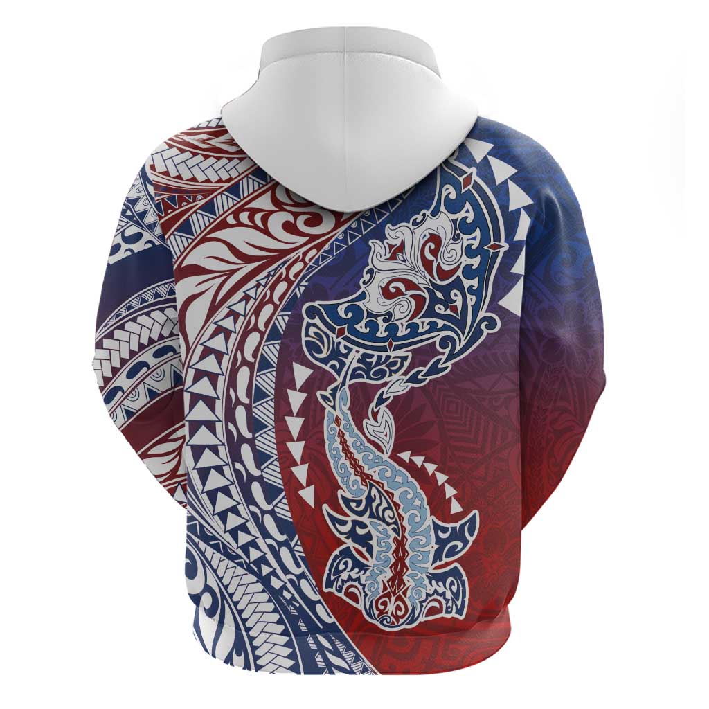 Hawaiian Manta Ray and Hammerhead Shark Tribal Tattoo Hoodie with Polynesian Tribal Pattern Hawaii Flag Color LT03 - Polynesian Pride
