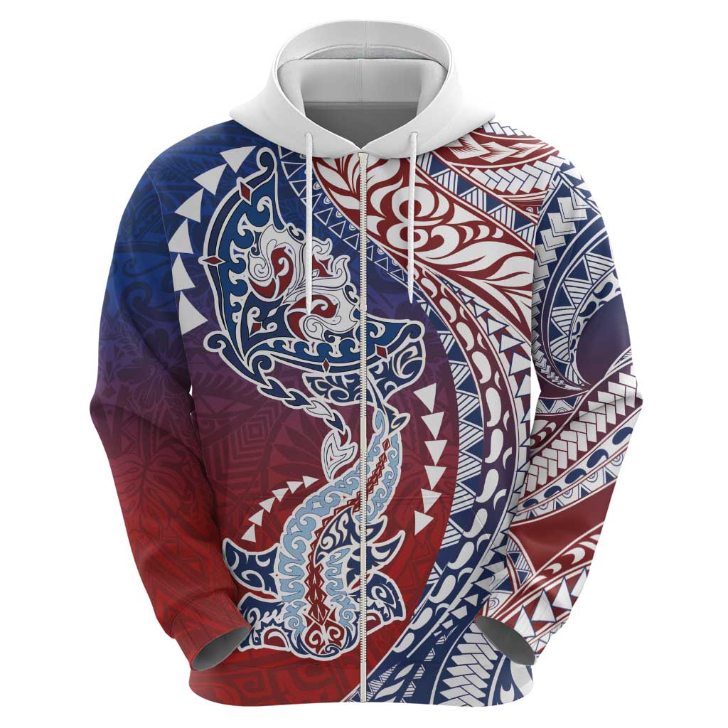 Hawaiian Manta Ray and Hammerhead Shark Tribal Tattoo Hoodie with Polynesian Tribal Pattern Hawaii Flag Color LT03 - Polynesian Pride