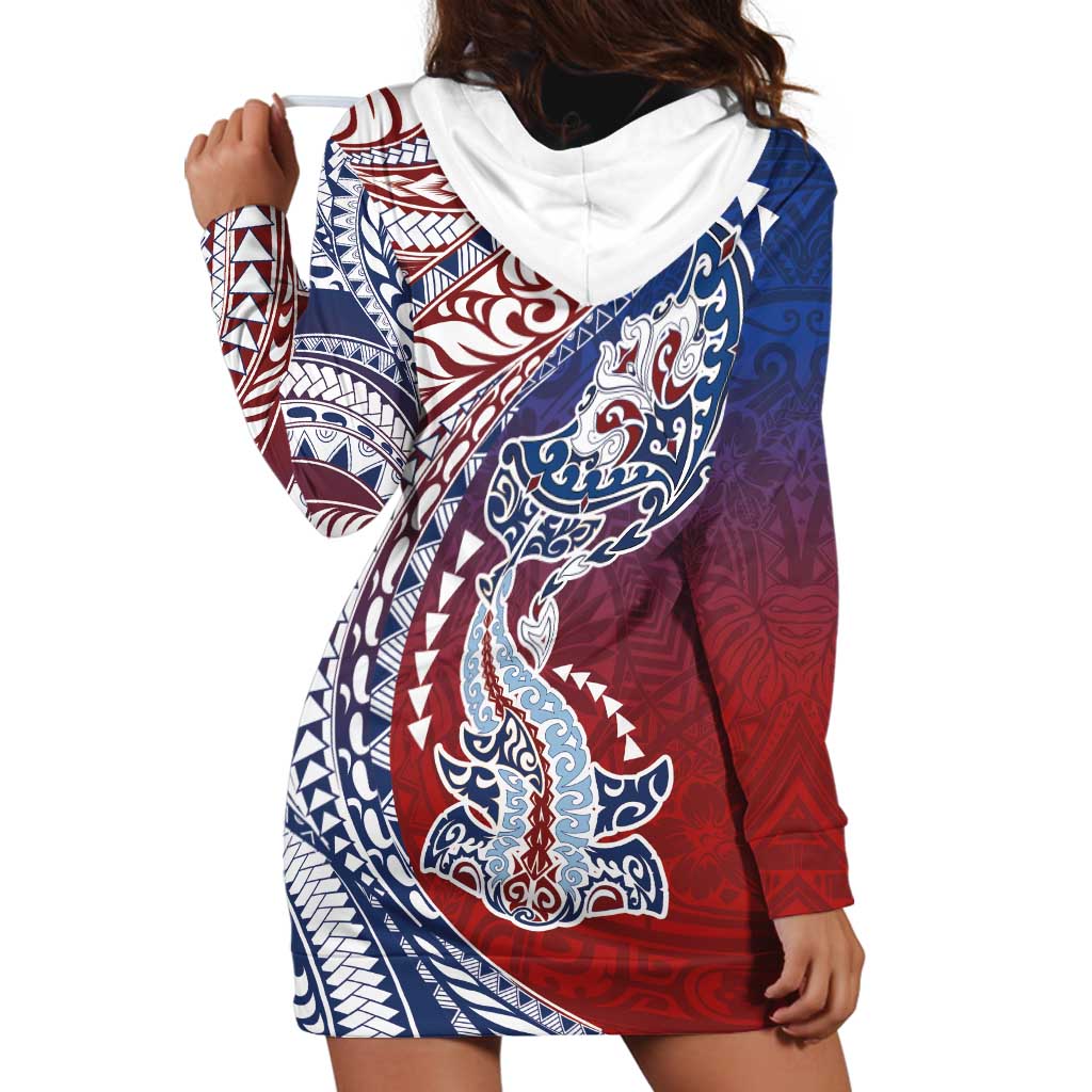 Hawaiian Manta Ray and Hammerhead Shark Tribal Tattoo Hoodie Dress with Polynesian Tribal Pattern Hawaii Flag Color