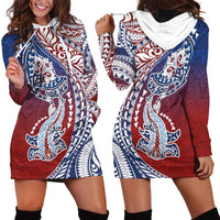 Hawaiian Manta Ray and Hammerhead Shark Tribal Tattoo Hoodie Dress with Polynesian Tribal Pattern Hawaii Flag Color