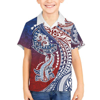 Hawaiian Manta Ray and Hammerhead Shark Tribal Tattoo Kid Hawaiian Shirt with Polynesian Tribal Pattern Hawaii Flag Color LT03 Kid Multicolor - Polynesian Pride