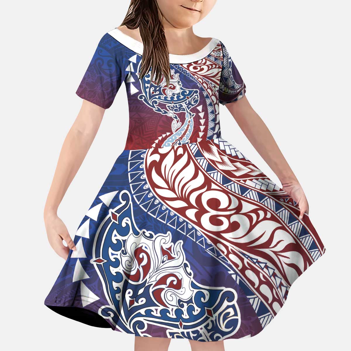 Hawaiian Manta Ray and Hammerhead Shark Tribal Tattoo Kid Short Sleeve Dress with Polynesian Tribal Pattern Hawaii Flag Color