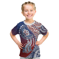 Hawaiian Manta Ray and Hammerhead Shark Tribal Tattoo Kid T Shirt with Polynesian Tribal Pattern Hawaii Flag Color LT03 Multicolor - Polynesian Pride