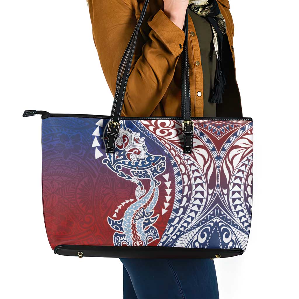 Hawaiian Manta Ray and Hammerhead Shark Tribal Tattoo Leather Tote Bag with Polynesian Tribal Pattern Hawaii Flag Color LT03 - Polynesian Pride