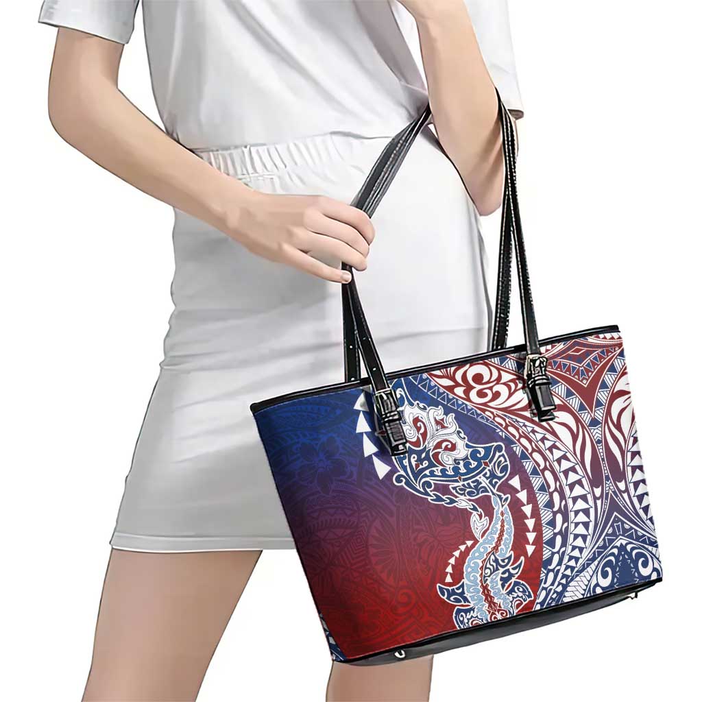 Hawaiian Manta Ray and Hammerhead Shark Tribal Tattoo Leather Tote Bag with Polynesian Tribal Pattern Hawaii Flag Color LT03 - Polynesian Pride