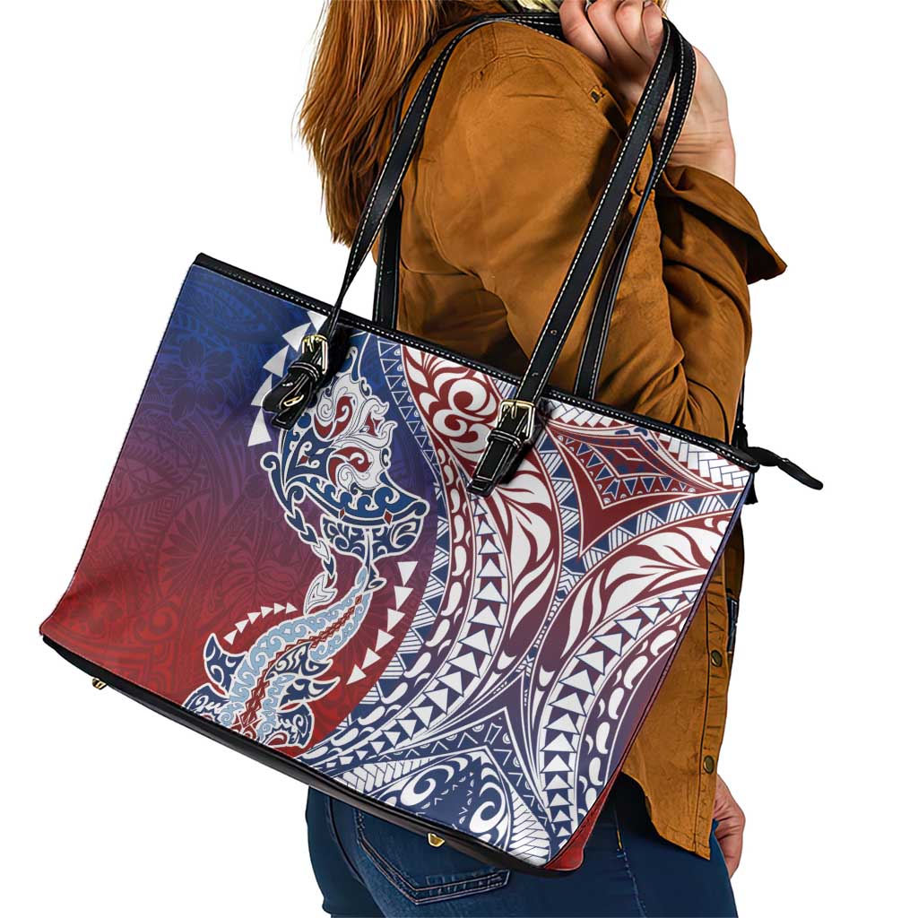 Hawaiian Manta Ray and Hammerhead Shark Tribal Tattoo Leather Tote Bag with Polynesian Tribal Pattern Hawaii Flag Color LT03 - Polynesian Pride