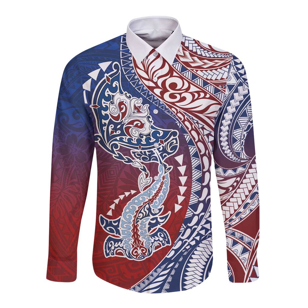 Hawaiian Manta Ray and Hammerhead Shark Tribal Tattoo Long Sleeve Button Shirt with Polynesian Tribal Pattern Hawaii Flag Color LT03 Unisex Multicolor - Polynesian Pride