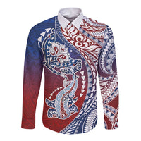 Hawaiian Manta Ray and Hammerhead Shark Tribal Tattoo Long Sleeve Button Shirt with Polynesian Tribal Pattern Hawaii Flag Color LT03 Unisex Multicolor - Polynesian Pride