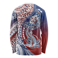 Hawaiian Manta Ray and Hammerhead Shark Tribal Tattoo Long Sleeve Shirt with Polynesian Tribal Pattern Hawaii Flag Color LT03 - Polynesian Pride